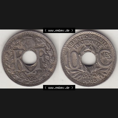 Münzen Frankreich Eurovorläufer, Umlaufmünze vor Euroeinführung 1917-1938, 10 Centimes, 10 CMES EGALITÉ FRATERNITÉ LIBERTÉ 1918-2. Rückseite... Sammlung