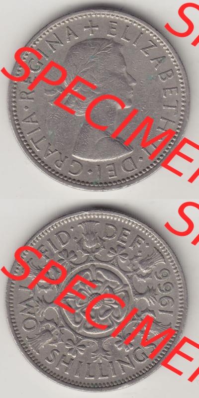 Münzen Großbritannien Eurovorläufer, Umlaufmünze vor Euroeinführung 1954-1970, 2 Schilling - Shillings 1966-3. Vorderseite und Rückseite vertikal untereinander... Sammlung