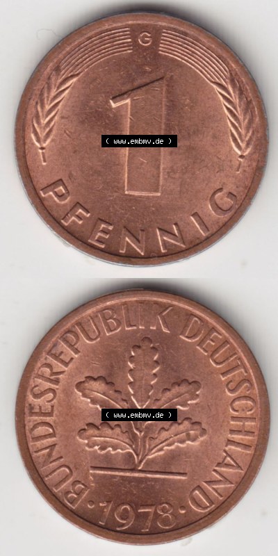 Münzen Deutschland 1 Pfennig-Deutsche Mark 1950-2001, 1 Pfennig 1978 G. Bildmaterial mit Rückseite und Vorderseite in vertikaler... Sammlung