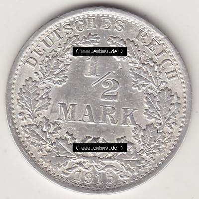 Münzen Deutschland 1871-1918 Kaiserreich Silbermünze 1905-1919, 1/2 Mark A 1915-2. Rückseite einer Münze aus dem Deutschen Kaiserreich in Europa als Digitales Bild... Sammlung