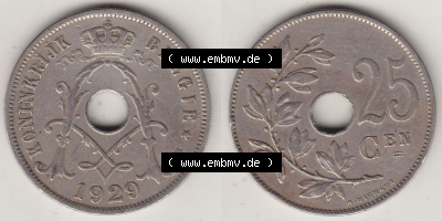 Münzen Belgien Eurovorläufer, Umlaufmünze vor Euroeinführung 1910-1929, 25 Centime - KONINKRIJK BELGIË 1929 (3) Sammlung