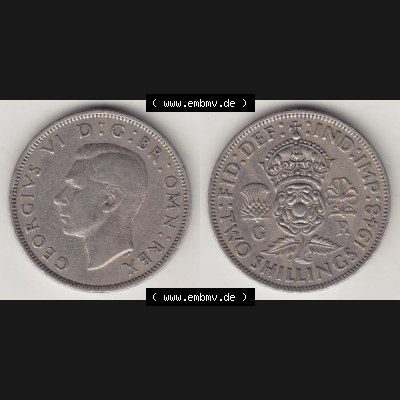 Münzen Großbritannien Eurovorläufer, Umlaufmünze vor Euroeinführung 1947-1948, 2 Schilling - Shillings 1948-1. Vorderseite und Rückseite horizontal nebeneinander... Sammlung