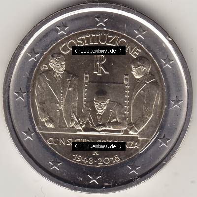 Münzen Euromünzen 2018 Italien 2018-2018, 2 Euro Verfassung der Republik Italien. 2 Euro Gedenkmünze, gültiges Zahlungsmittel in allen Eurostaaten / Euroländern.... Sammlung