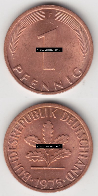 Münzen Deutschland 1 Pfennig-Deutsche Mark 1950-2001, 1 Pfennig 1975 F. Bildmaterial mit Rückseite und Vorderseite in vertikaler... Sammlung