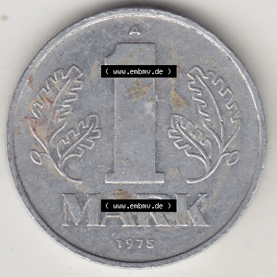 Münzen Deutschland DDR 1972-1990, A 1 Mark 1975. Rückseite einer 1 Mark Münze / Umlaufmünze aus Deutschland der ehemaligen... Sammlung