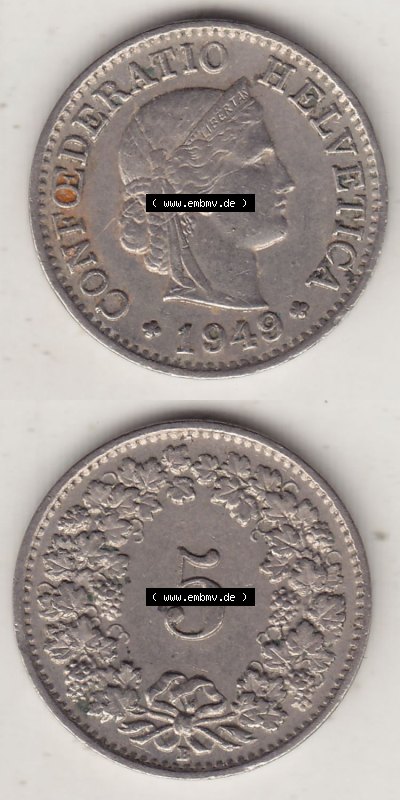 Münzen Schweiz Eurovorläufer, Umlaufmünze 1879-1980, 5 Rappen 1949 Helvetica (4) Sammlung