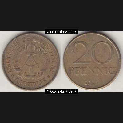 Münzen Deutschland DDR 1969-1990, 20 Pfennig 1971-1, DDR-Telefonmünze. Vorderseite und Rückseite Nebeneinander einer 20 Pfennig Münze / Umlaufmünze in der... Sammlung