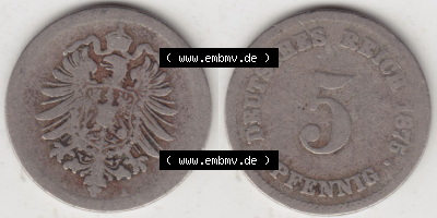 Münzen Deutschland 1871-1918 Kaiserreich 1874-1889, 5 Pfennig A, 1875 (3) Sammlung
