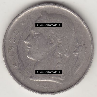 Münzen Belgien Eurovorläufer, Umlaufmünze vor Euroeinführung 1950-1988, 1 FR-Franken 1952 Belgique. Rückseite einer Münze aus Europa als Digitales Bild... Sammlung