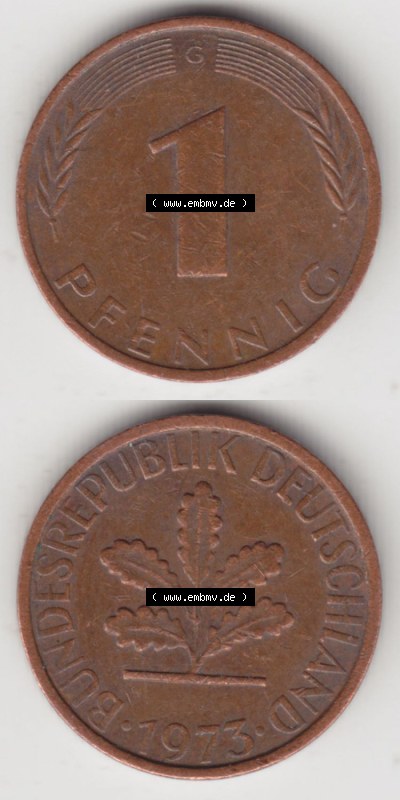 Münzen Deutschland 1 Pfennig-Deutsche Mark 1950-2001, 1 Pfennig 1973 G. Rückseite und Vorderseite in vertikaler Ansicht für... Sammlung