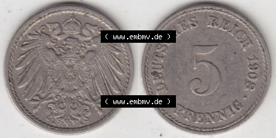 Münzen Deutschland 1871-1918 Kaiserreich 1890-1915, 5 Pfennig A, 1908 I. (3) Sammlung