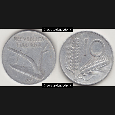 Münzen Italien / Italia Eurovorläufer, Umlaufmünze vor Euroeinführung 1951-2001, 10 Lire 1955-2. Vorderseite und Rückseite Nebeneinander einer Münze... Sammlung