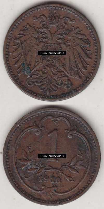 Münzen Österreich / Austria Eurovorläufer, Umlaufmünze vor Euroeinführung 1892-1916, 1 Heller 1910 (4) Sammlung