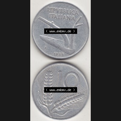 Münzen Italien / Italia Eurovorläufer, Umlaufmünze vor Euroeinführung 1951-2001, 10 Lire 1953-1. Vorderseite und Rückseite Vertikal Untereinander,... Sammlung