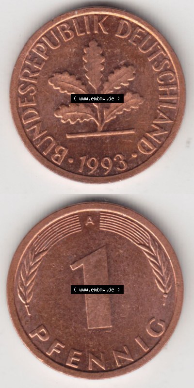 Münzen Deutschland 1 Pfennig-Deutsche Mark 1991-2001, 1 Pfennig 1993 A. Vorderseite und Rückseite in vertikaler Ansicht, einer... Sammlung