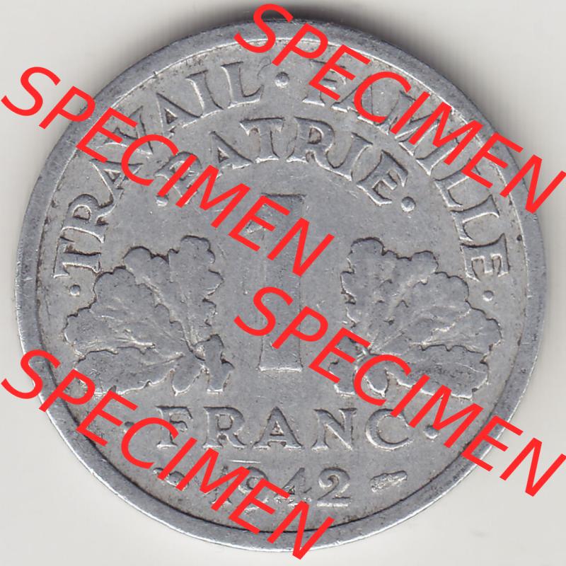 Münzen Frankreich Eurovorläufer, Umlaufmünze vor Euroeinführung 1942-1944, 1 Franken - Francs 1942. Rückseite einer Münze aus Europa als Digitales Bild... Sammlung