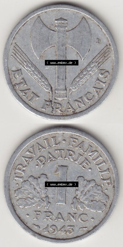 Münzen Frankreich Eurovorläufer, Umlaufmünze vor Euroeinführung 1942-1944, 1 Franken - Francs 1943 (Stück 2). Vorderseite... Sammlung