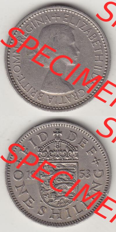 Münzen Großbritannien Eurovorläufer, Umlaufmünze vor Euroeinführung 1954-1970, 1 Schilling - Shilling, 1953-1 Wappen mit drei Löwen. Vorderseite... Sammlung