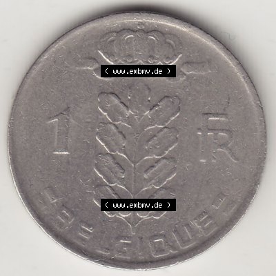Münzen Belgien Eurovorläufer, Umlaufmünze vor Euroeinführung 1950-1988, 1 FR-Franken 1965 Belgique. Vorderseite einer Münze aus Europa als Digitales Bild /... Sammlung