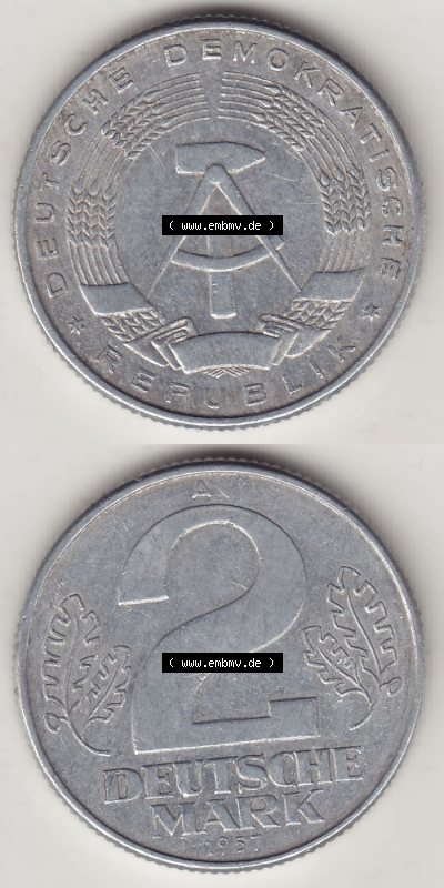 Münzen Deutschland DDR 1957-1957, A 2 Deutsche Mark 1957 (Stück 1). Vorderseite und Rückseite Vertikal Untereinander, passend... Sammlung