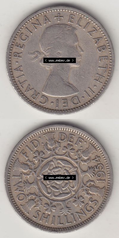 Münzen Großbritannien Eurovorläufer, Umlaufmünze vor Euroeinführung 1954-1970, 2 Schilling - Shillings 1954 (Stück 1). Vorderseite... Sammlung