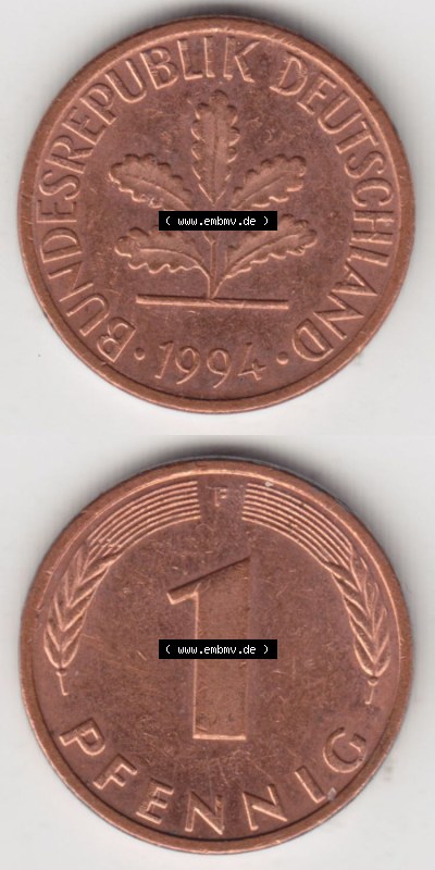 Münzen Deutschland 1 Pfennig-Deutsche Mark 1950-2001, 1 Pfennig 1994 F. Vorderseite und Rückseite in vertikaler Ansicht, einer... Sammlung