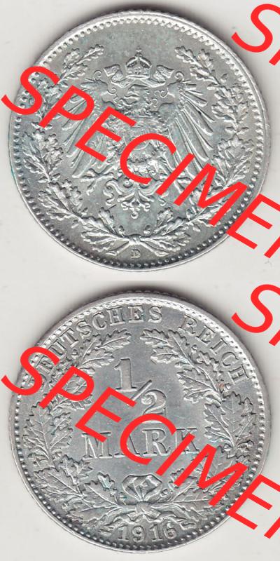 Münzen Deutschland 1871-1918 Kaiserreich Silbermünze 1905-1919, 1/2 Mark D 1916. Vorderseite und Rückseite Vertikal Untereinander, passend für Mobile-Geräte,... Sammlung