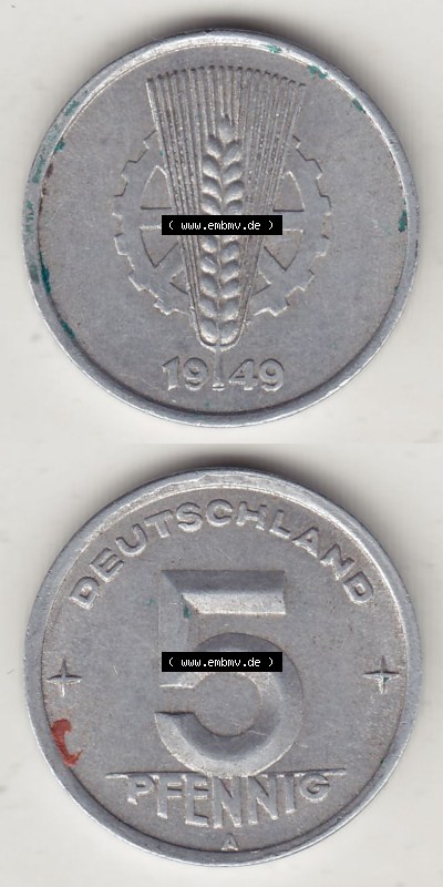 Münzen Deutschland DDR 1948-1950, A 5 Pfennig 1949 (Stück 1). Vorderseite und Rückseite einer Münze in Vertikaler Ausrichtung... Sammlung