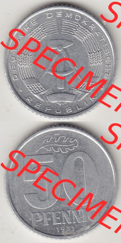 Münzen Deutschland DDR 1958-1990, A 50 Pfennig 1971-1 der DDR-Mark. Vorderseite und Rückseite Vertikal Untereinander, passend für Mobile-Geräte, einer 50 Pfennig... Sammlung