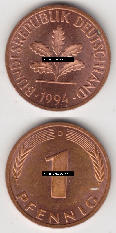 Münzen Deutschland 1 Pfennig-Deutsche Mark 1950-2001, 1 Pfennig 1994 D. Vorderseite und Rückseite in vertikaler Ansicht, einer... Sammlung