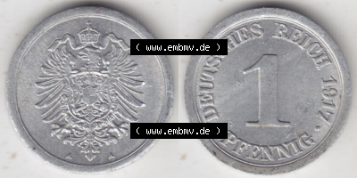 Münzen Deutschland 1918-1932 Weimarer Republik 1916-1918, 1 Pfennig A 1917 I. (3) Sammlung