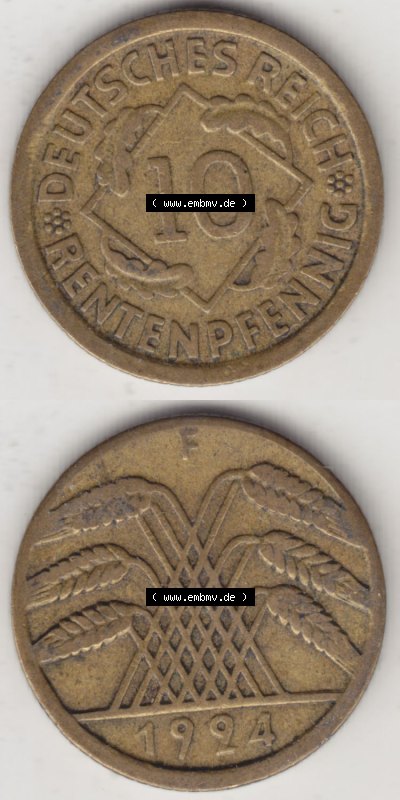 Münzen Deutschland 1918-1932 Weimarer Republik 1923-1925, 10 Rentenpfennig F, 1924 (4) Sammlung