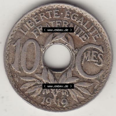 Münzen Frankreich Eurovorläufer, Umlaufmünze vor Euroeinführung 1917-1938, 10 Centimes, 10 CMES EGALITÉ FRATERNITÉ LIBERTÉ 1919-1. Rückseite... Sammlung