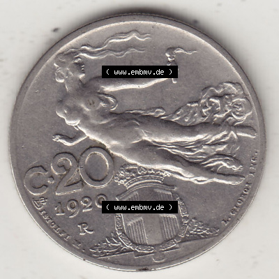 Münzen Italien / Italia Eurovorläufer, Umlaufmünze vor Euroeinführung 1908-1935, 20 C. Centesimi, Cent, 1920 (Stück 1). Rückseite... Sammlung