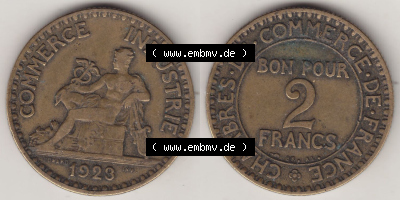 Münzen Frankreich Eurovorläufer, Umlaufmünze vor Euroeinführung 1920-1927, 2 Francs - Franken 1923. Vorderseite und Rückseite... Sammlung