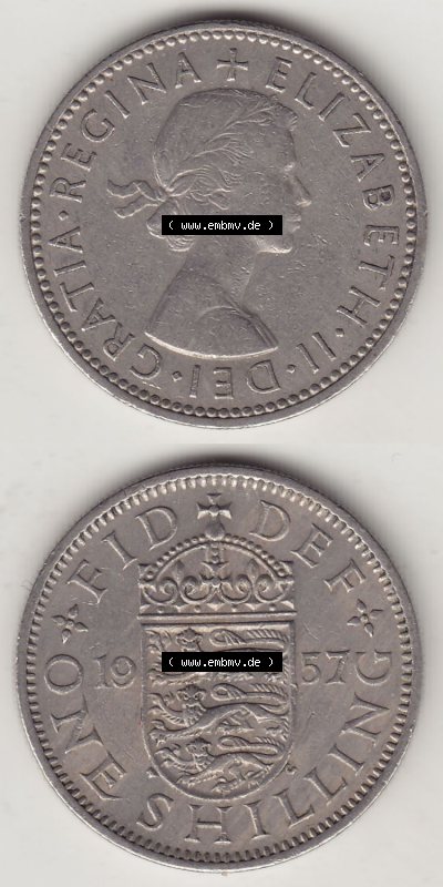 Münzen Großbritannien Eurovorläufer, Umlaufmünze vor Euroeinführung 1954-1970, 1 Schilling - Shilling, 1957 (Stück 2) Wappen... Sammlung