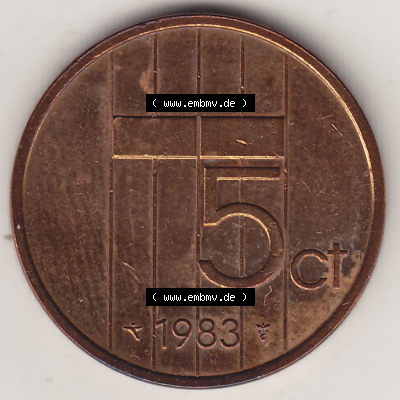 Münzen Niederlande / Netherlands Eurovorläufer, Umlaufmünze vor Euroeinführung 1982-2001, 5 Ct Cent 1983 Königin Beatrix... Sammlung