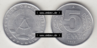 Münzen Deutschland DDR 1968-1990, A 5 Pfennig 1968 (Stück 6). Vorderseite und Rückseite einer Münze auf einen Bild, einer... Sammlung