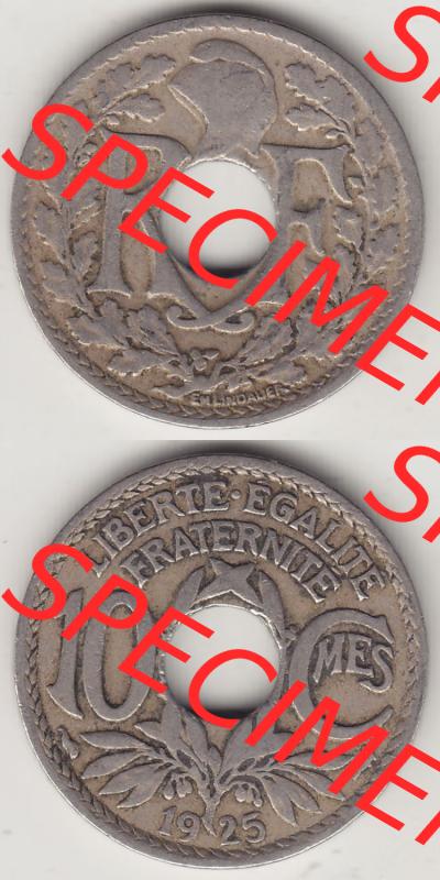 Münzen Frankreich Eurovorläufer, Umlaufmünze vor Euroeinführung 1917-1938, 10 Centimes - Cmes 1925. Vorderseite und Rückseite Vertikal Untereinander, passend... Sammlung