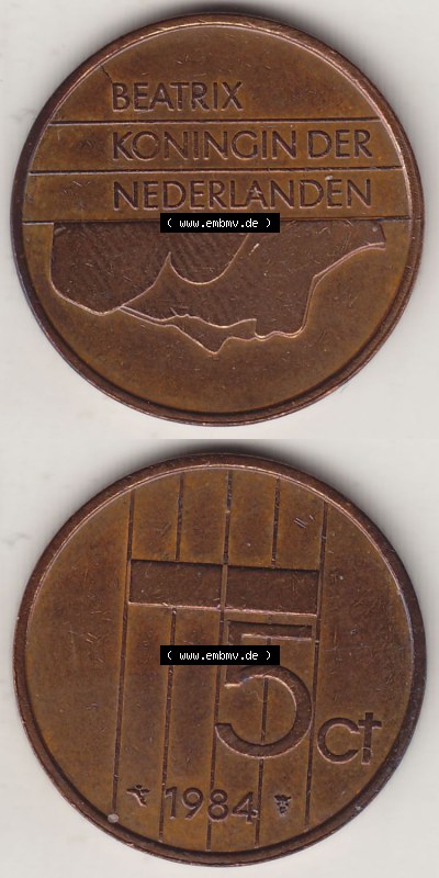 Münzen Niederlande / Netherlands Eurovorläufer, Umlaufmünze vor Euroeinführung 1982-2001, 5 Ct Cent 1984 Königin Beatrix... Sammlung