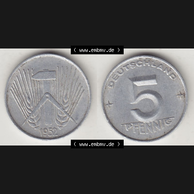Münzen Deutschland DDR 1952-1953, A 5 Pfennig 1952-1. Vorderseite und Rückseite einer Münze auf einen Bild, einer 5 Pfennig Münze der ehemaligen DDR in Europa als... Sammlung