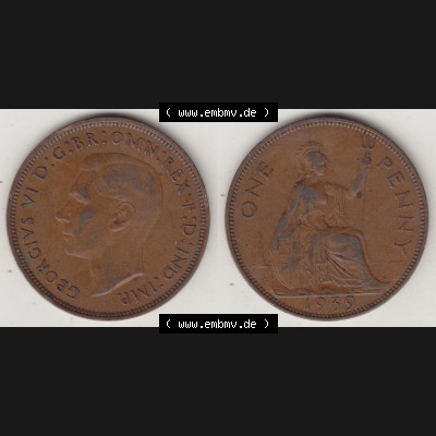Münzen Großbritannien Eurovorläufer, Umlaufmünze vor Euroeinführung 1937-1948. 1 One Penny 1939-1, George VI, GEORGIVS VI DGBROMNREX FDINDIMP.... Sammlung