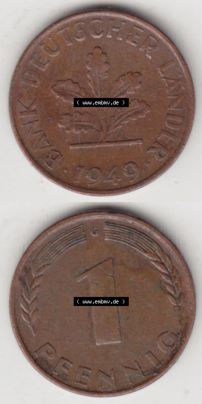 Münzen Deutschland 1 Pfennig-Deutsche Mark 1948-1949, 1 Pfennig 1949 G. Vorderseite und Rückseite in vertikaler Ansicht, einer... Sammlung