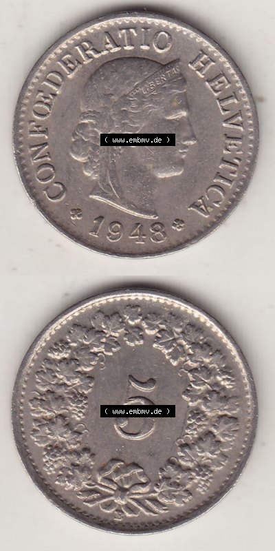 Münzen Schweiz Eurovorläufer, Umlaufmünze 1879-1980, 5 Rappen 1948 (Stück 2) Helvetica (4) Sammlung