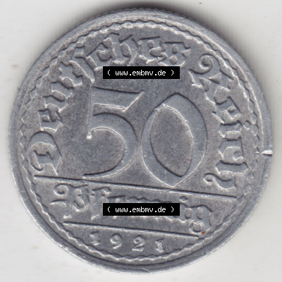Münzen Deutschland 1918-1932 Weimarer Republik 1919-1922, 50 Pfennig F, 1921 (1) Sammlung
