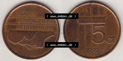 Münzen Niederlande / Netherlands Eurovorläufer, Umlaufmünze vor Euroeinführung 1982-2001, 5 Ct Cent 1991 (Stück 2) Königin... Sammlung