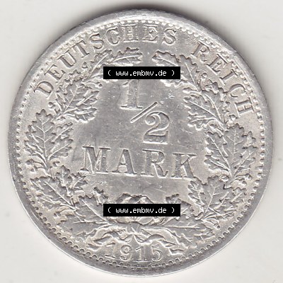 Münzen Deutschland 1871-1918 Kaiserreich Silbermünze 1905-1919, 1/2 Mark A 1915 (Stück 2). Rückseite einer Münze aus dem... Sammlung