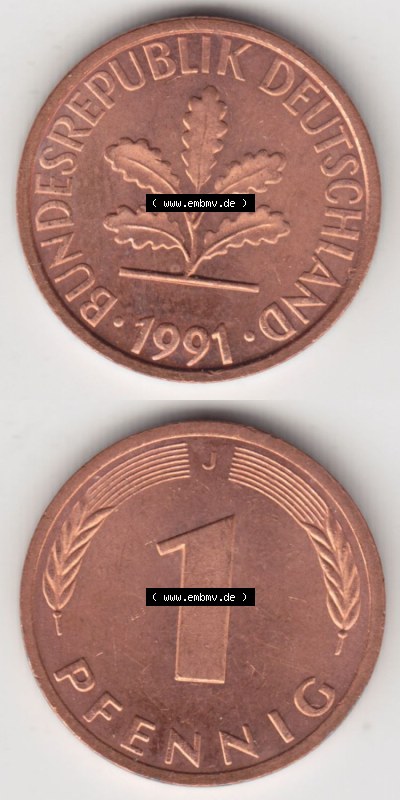 Münzen Deutschland 1 Pfennig-Deutsche Mark 1950-2001, 1 Pfennig 1991 J. Vorderseite und Rückseite in vertikaler Ansicht, einer... Sammlung