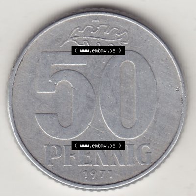 Münzen Deutschland DDR 1958-1990, A 50 Pfennig 1971-3 der DDR-Mark. Rückseite einer 50 Pfennig Münze / Umlaufmünze aus Deutschland der ehemaligen DDR in Europa als... Sammlung