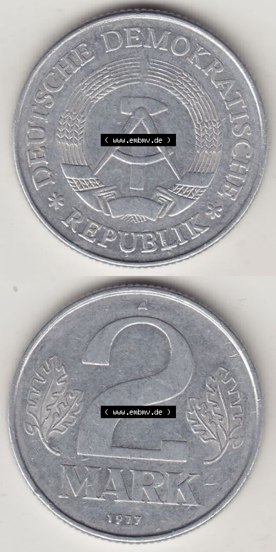 Münzen Deutschland DDR 1972-1990, A 2 Mark 1977. Vorderseite und Rückseite Vertikal Untereinander, passend für Mobile-Geräte,... Sammlung